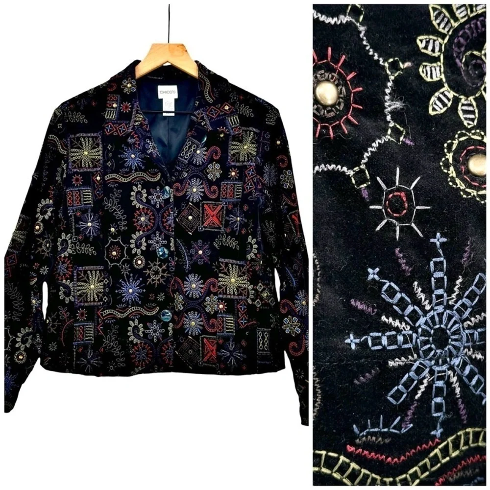 Chico's Statement Jacket Black Velour Colorful Embroidery Studded Boxy | 1 8/10 - Picture 1 of 11